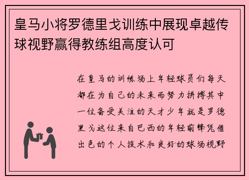 皇马小将罗德里戈训练中展现卓越传球视野赢得教练组高度认可
