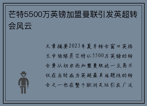 芒特5500万英镑加盟曼联引发英超转会风云 芒特5500万英镑加盟曼联引发英超转会风云